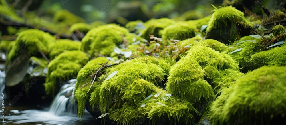 Moss thrives on the rocky riverbank, spreading its vibrant green color along the edge of the flowing water. The mosss growth is a striking contrast against the gray rocks and rushing river.