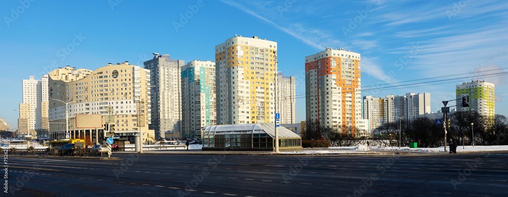 Modern multi-storey districts and neighborhoods in Belarusian capital - Malinovka district, Minsk. Residential area, urban infrastructure