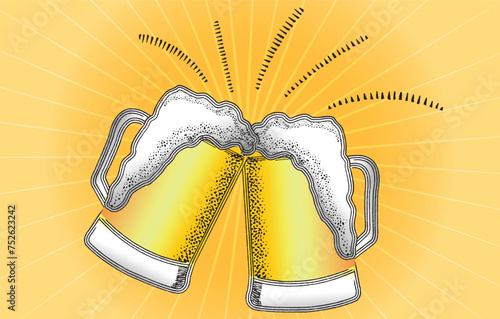 two glasses of beer retro illustration