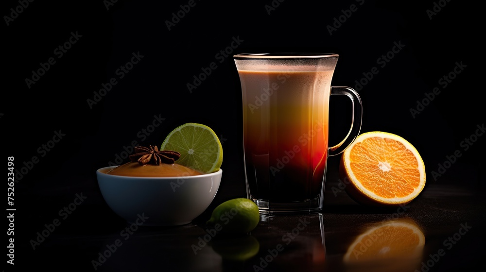 Fototapeta premium Coffee in a glass with orange and lime on a black background