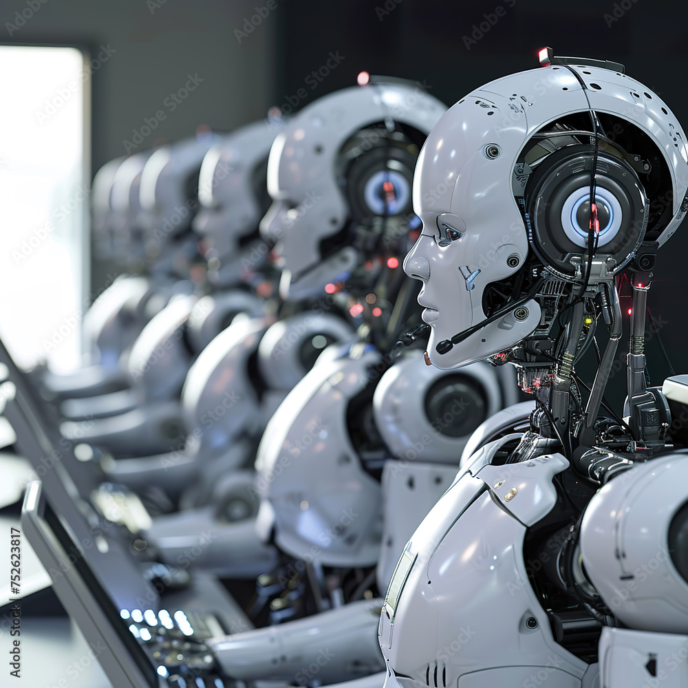 Fototapeta premium Row of robots call center