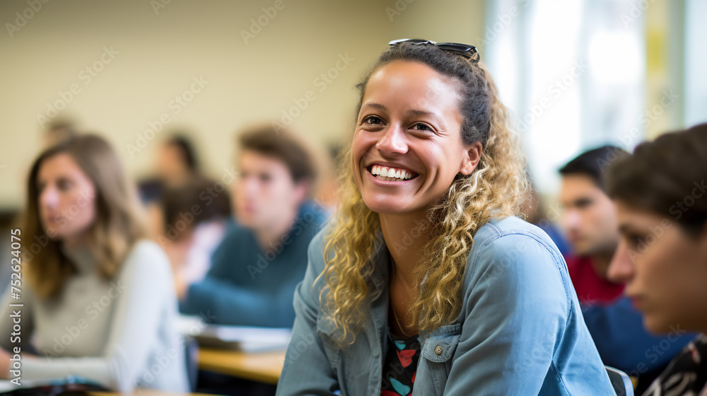 Confident Female Student Smiling in University Lecture Hall. Education and Academic Excellence Concept Confident Female Student Smiling in University Lecture Hall. Education and Academic Excellence Concept