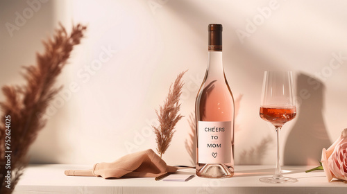 Happy Mothers Day Cheers to Mom label on bottle with pink wine champagne glass drink for lux chic restaurant mum ad concept copy space alcohol beverage winery bar modern neutral indoor theme shadows 
