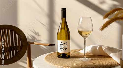 Happy Mother' Day Best Mom Ever label on bottle with white wine glass drink for fancy restaurant mum advert concept copy space alcohol bevrage winery bar promotion modern neutral indoor theme shadows 