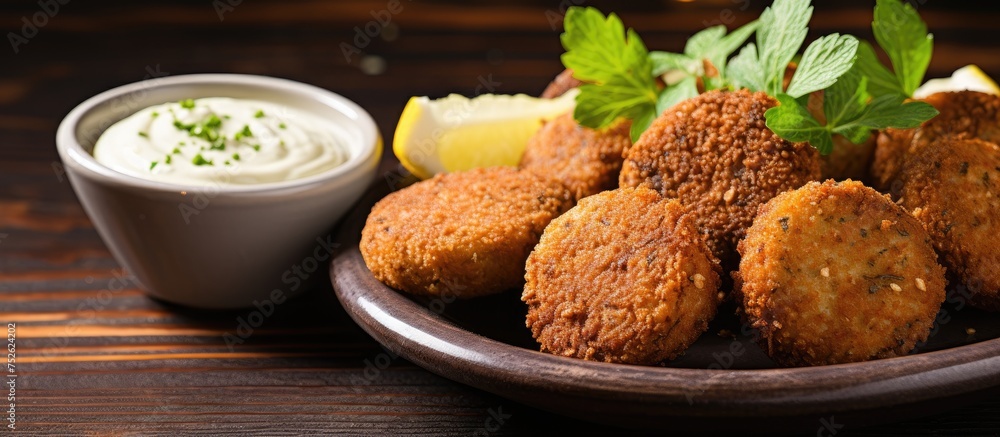 Close-up view of a plate filled with fried falafel balls accompanied by a side of tangy sour cream. The crispy falafel patties are golden brown and perfectly cooked, served with a dollop of creamy Close-up view of a plate filled with fried falafel balls accompanied by a side of tangy sour cream. The crispy falafel patties are golden brown and perfectly cooked, served with a dollop of creamy