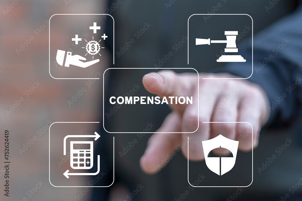 Man using virtual screen presses word: COMPENSATION. Injury, insurance, compensation, legal advice concept. Disability, workplace accident or trauma, attorney for advice, agreement or policy report.
