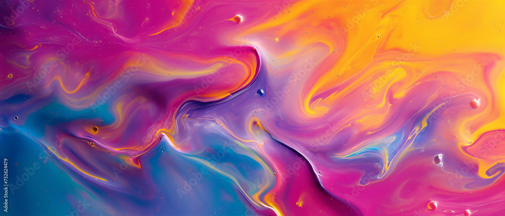 Panoramic abstract liquid colorful paints wallpaper background. Generative AI.