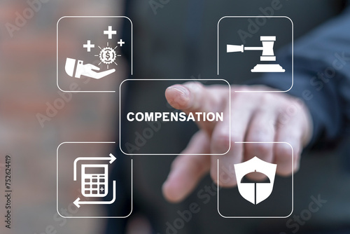 Obraz na płótnie Man using virtual screen presses word: COMPENSATION. Injury, insurance, compensation, legal advice concept. Disability, workplace accident or trauma, attorney for advice, agreement or policy report. w salonie