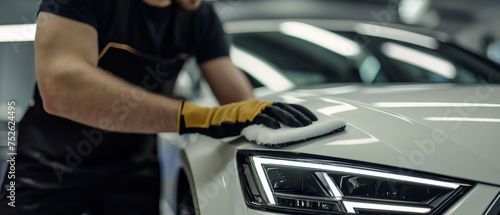 Close-up of a man cleaning a luxury modern white car with microfiber cloth. Generative AI.