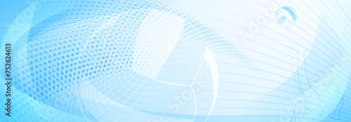 Volleyball themed background in blue tones with abstract meshes, curves and dotted lines, with a female volleyball player hitting the ball