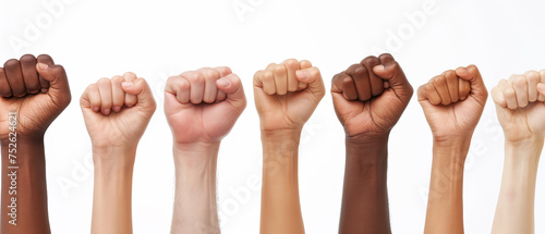 Multiethnic hands raised into fist on white background. Panoramic view. Unity concept Generative AI photo