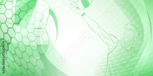 Volleyball themed background in green tones with abstract meshes, curves and dotted lines, with a male volleyball player hitting the ball