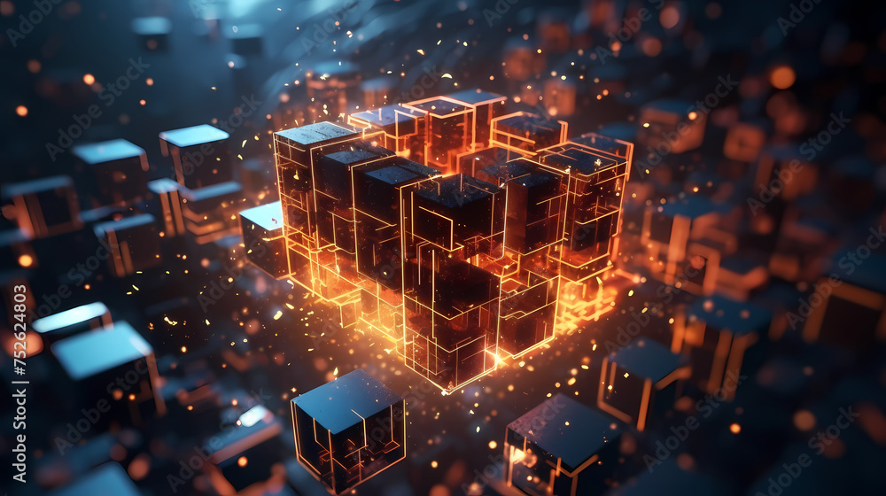 Blockchain cube, abstract futuristic background data transmission