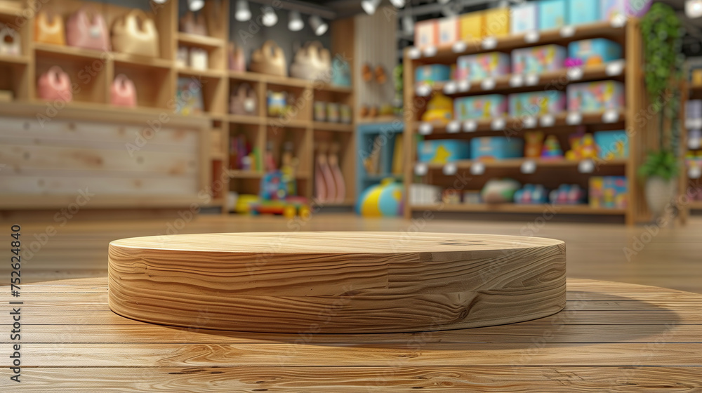wooden podium table against the backdrop of a store with children's toys, for product presentation