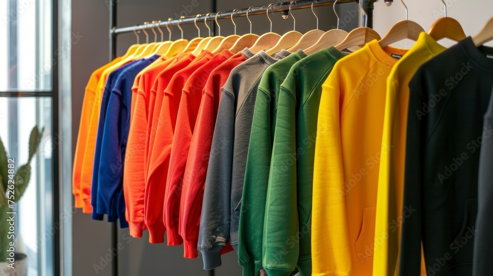 wardrobe full of pastel-colored sweatshirts in a gray room in high resolution and high quality. concept of clothing, jackets, shirts, hanging wardrobe full of pastel-colored sweatshirts in a gray room in high resolution and high quality. concept of clothing, jackets, shirts, hanging