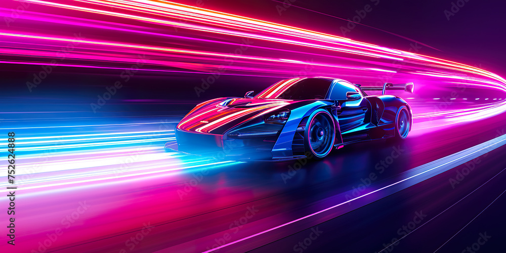 Speeding Sports Car On Neon Highway. Powerful