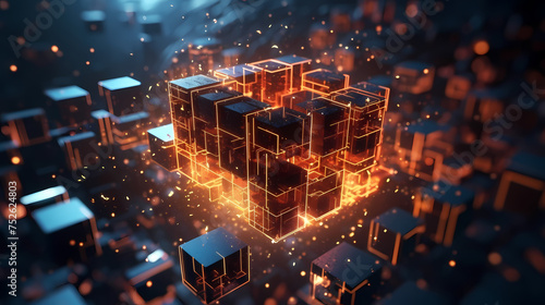 Blockchain cube, abstract futuristic background data transmission