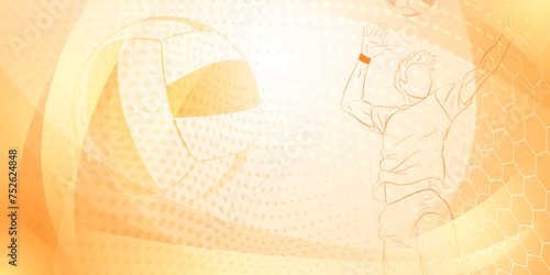Volleyball themed background in yellow tones with abstract meshes, curves and dotted lines, with a male volleyball player hitting the ball