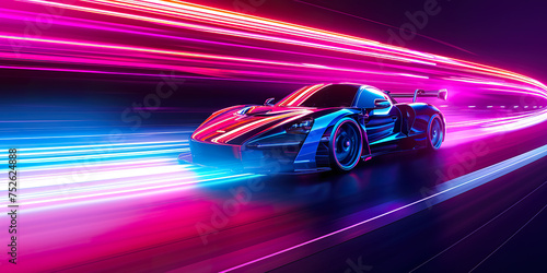 Speeding Sports Car On Neon Highway. Powerful © shobakhul