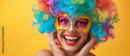 Portrait of beautiful party woman in clown wig and mask smiling on a yellow background. Generative AI