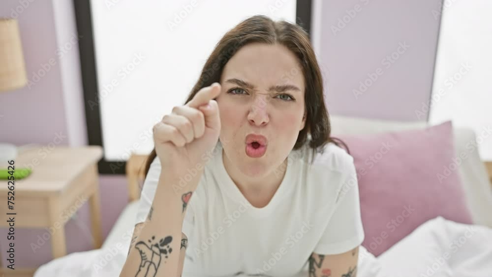 Fearful young woman in pyjama sitting on bed, wearing a disgusted expression, hands raised in aversion. averse and displeased with disgust on face in bedroom. Fearful young woman in pyjama sitting on bed, wearing a disgusted expression, hands raised in aversion. averse and displeased with disgust on face in bedroom.