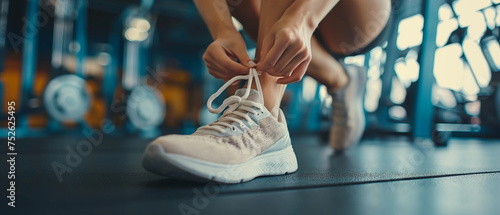 Sporty woman tying shoelaces at the gym. Detail on hands. Generative AI.