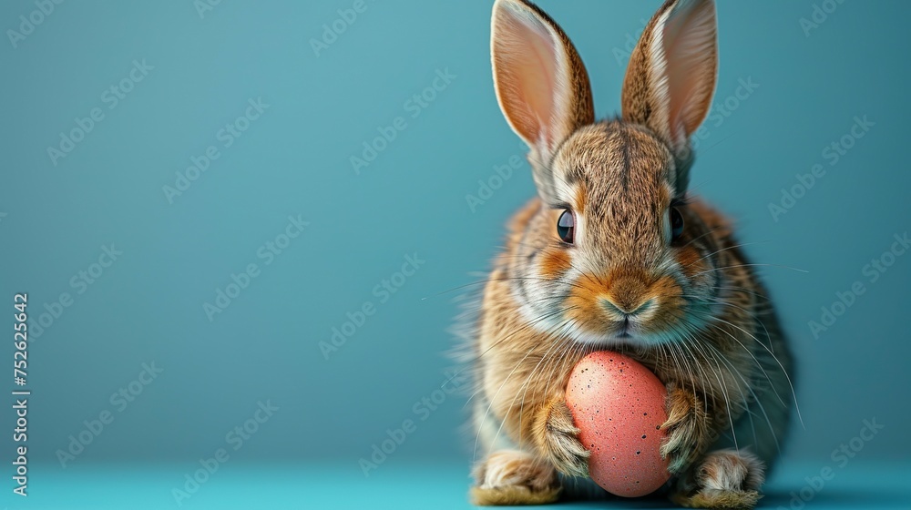 Fototapeta premium A cute easter bunny with an easter egg on a blue background with copy space, an abstract poster for sales and marketing