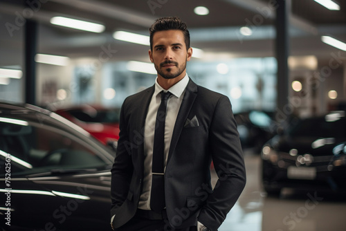 Confident businessman in suit standing in a luxury car showroom. Generative AI. © Brastock Images / AI