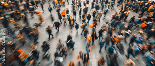 Wide angle. Blurred abstract image of a bustling urban crowd in motion at the city. Generative AI.