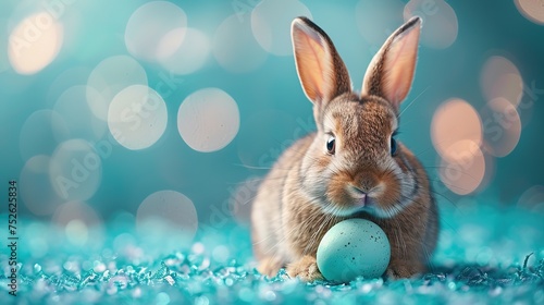 A cute easter bunny with an easter egg on a blue background with copy space, an abstract poster for sales and marketing