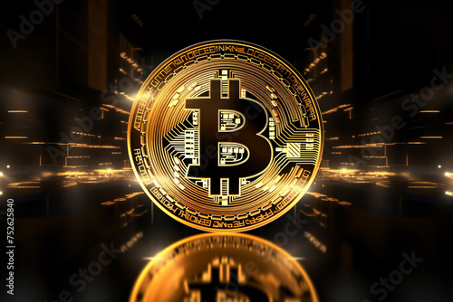 Golden bitcoin digital currency shining with reflection on abstract background . Generative AI.
