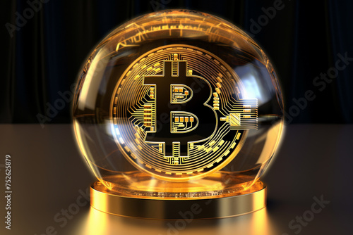 Shiny golden Bitcoin inside a snow globe on dark background. Generative AI.