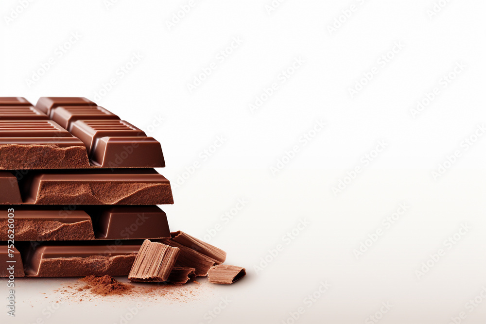 Stacked dark chocolate bars sprinkled with cocoa powder on white background. Generative AI.
