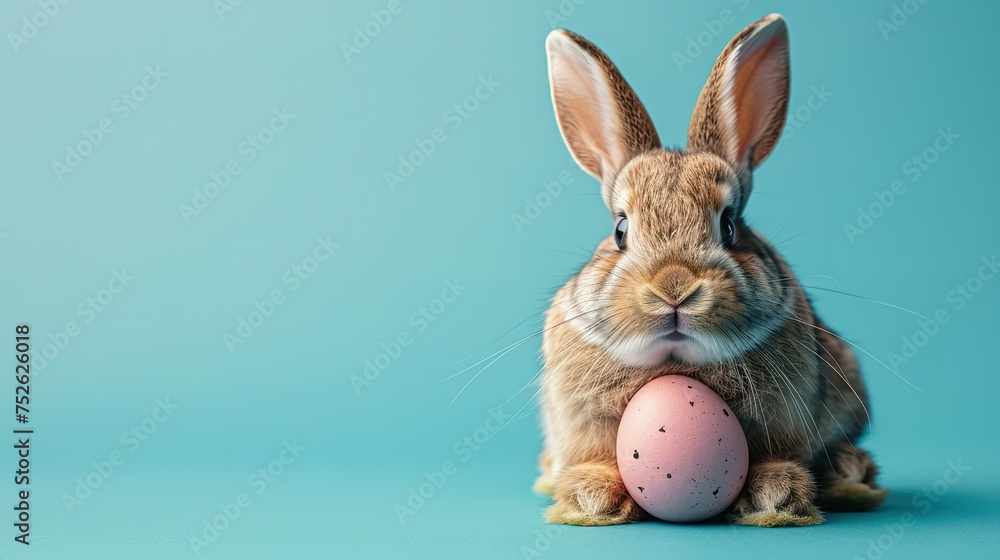 Obraz premium A cute easter bunny with an easter egg on a blue background with copy space, an abstract poster for sales and marketing