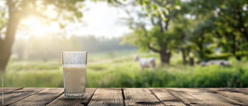Panoramic view. Milk glass on wooden table top on blur grass field and milk cow farm. Generative AI. Panoramic view. Milk glass on wooden table top on blur grass field and milk cow farm. Generative AI.