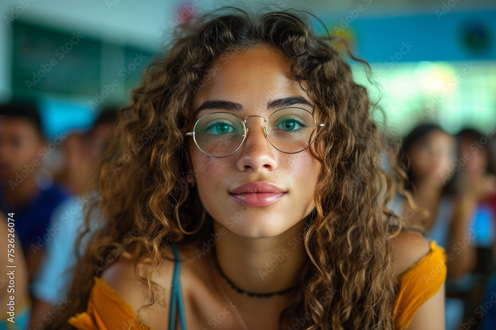 Young brunette high school student looking at camera sitting in classroom. Generative AI. Young brunette high school student looking at camera sitting in classroom. Generative AI.