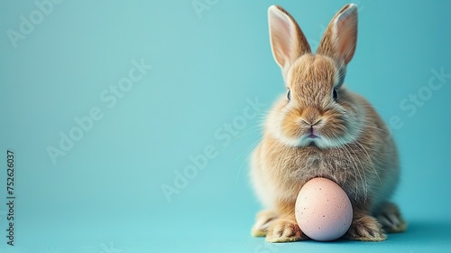 A cute easter bunny with an easter egg on a blue background with copy space, an abstract poster for sales and marketing © Jennifer