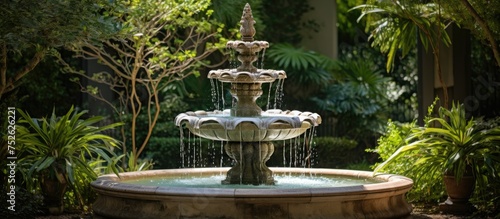 A stone fountain in a garden setting, with blue water flowing from the top basin to the lower levels, surrounded by lush trees and greenery.