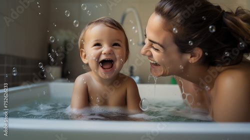 Joyful Bath time Fun, Smiling Baby Splashing with Mother. Playful Moments and Parental Care Concept