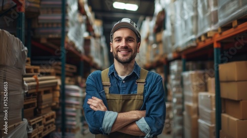 man with helmet looking at the camera working in a warehouse with boxes with good lighting in high resolution and high quality