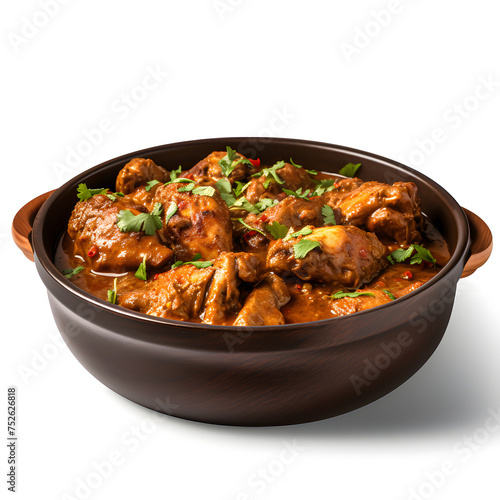 A hyper-realistic photograph of a complete Indian chicken curry, solid stark white background, focused lighting.[A-0006]