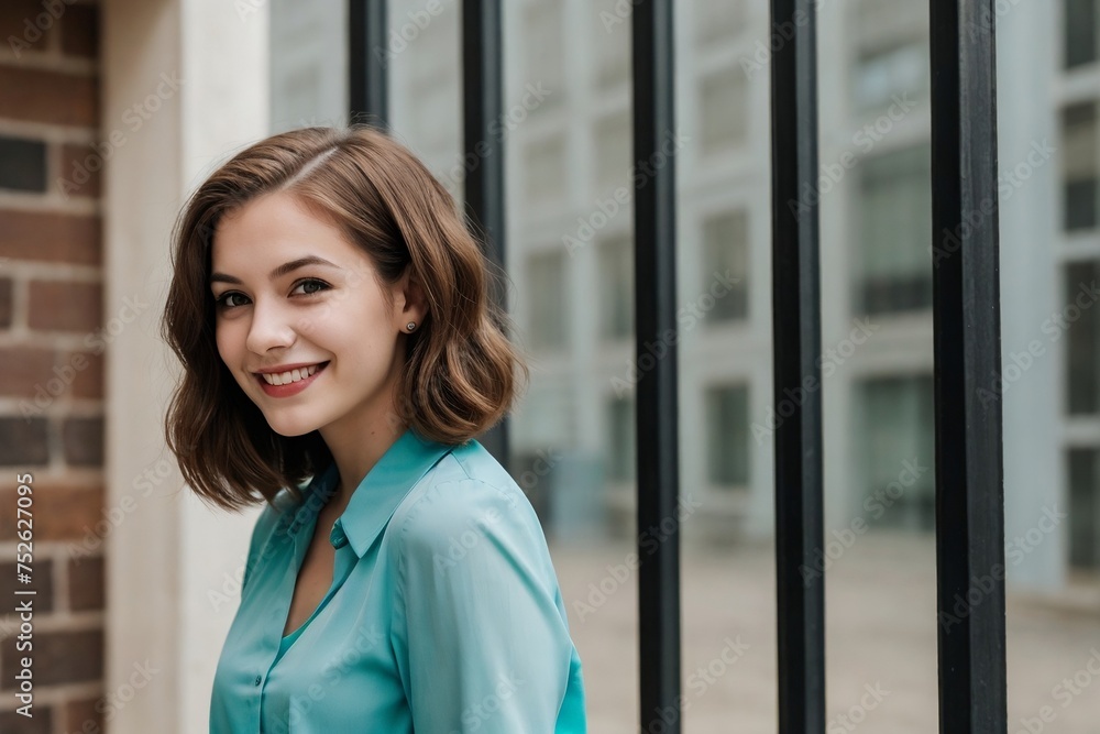 Beautiful young woman with bob hairstyle dressed in turquoise blouse standing outside with copy space. Beautiful young woman with bob hairstyle dressed in turquoise blouse standing outside with copy space.
