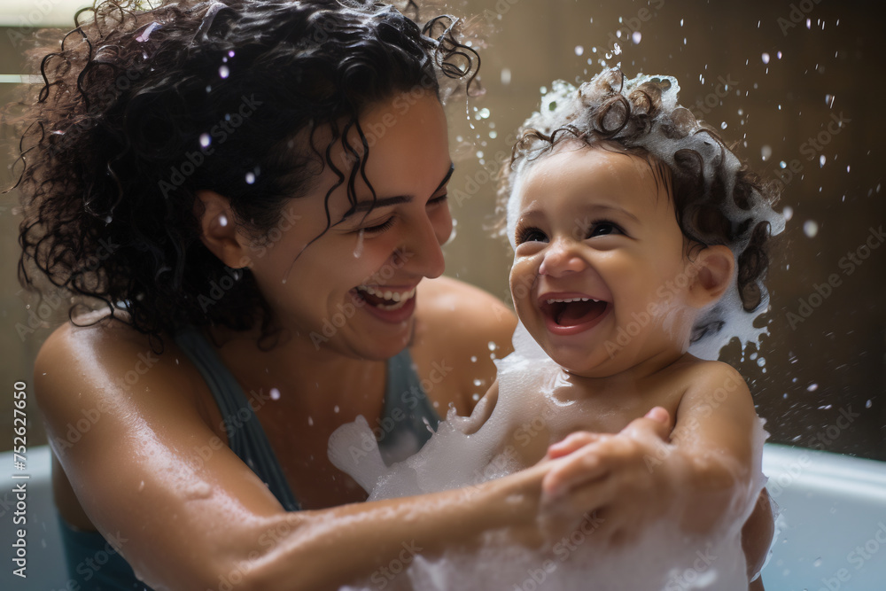 Joyful Bath time Fun, Smiling Baby Splashing with Mother. Playful Moments and Parental Care Concept Joyful Bath time Fun, Smiling Baby Splashing with Mother. Playful Moments and Parental Care Concept