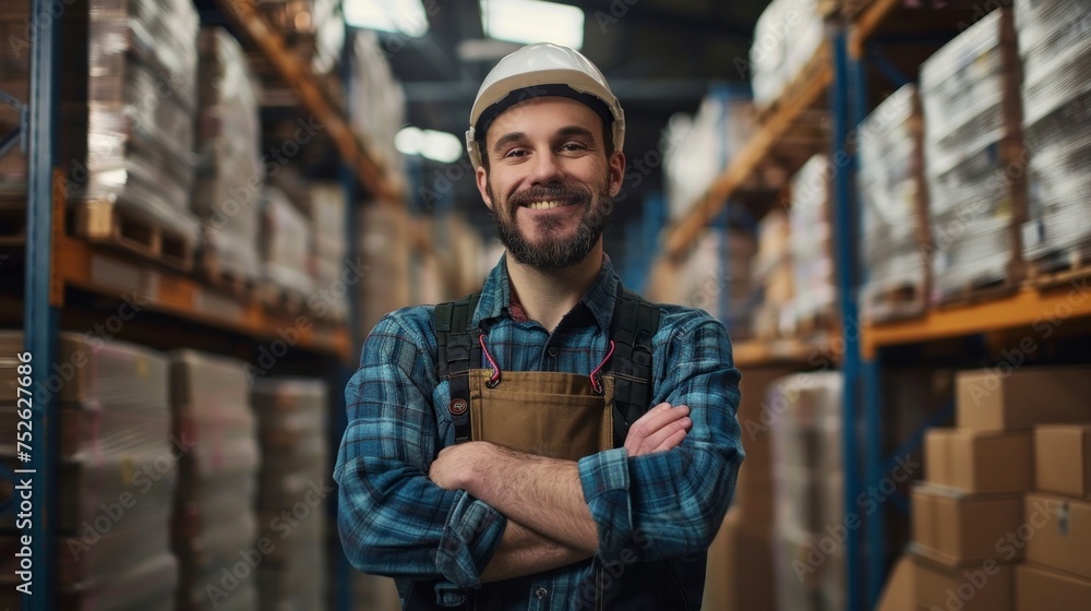 man with apron in a warehouse full of boxes man with apron in a warehouse full of boxes