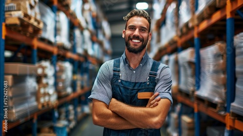man with an apron in a warehouse full of boxes and merchandise in high resolution and high quality © Marco
