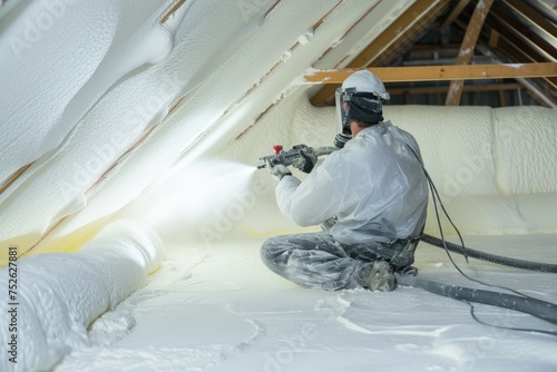 Interior Foam Insulation: Men at Work Spraying Warm Polyurea Coating on Wall