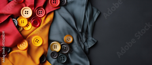 Bunch of buttons arranged neatly on a fabric surface photo