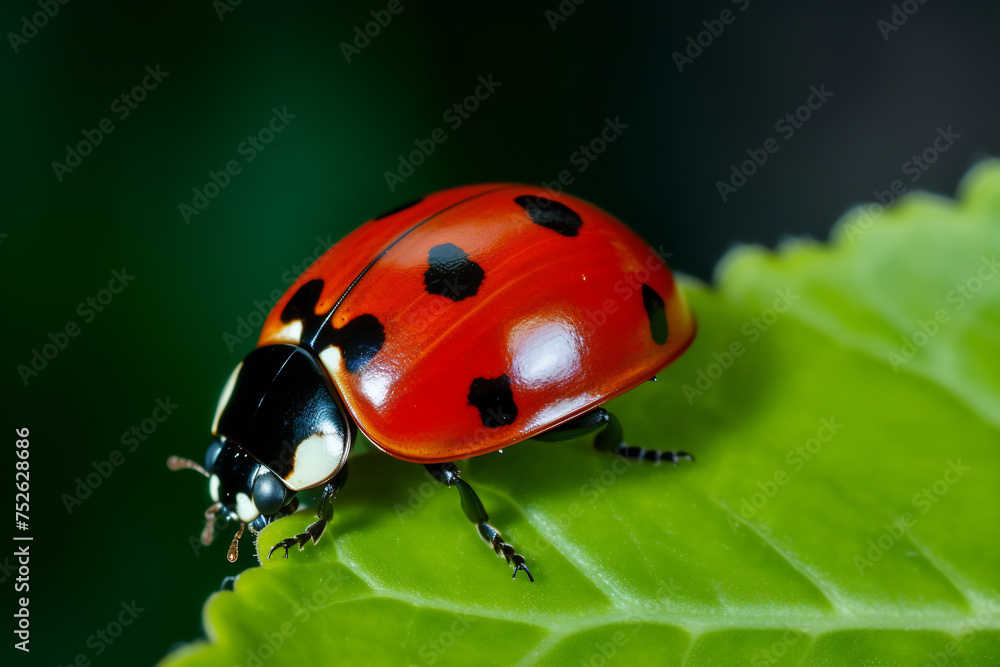 Fototapeta premium Macro Shot of a Vibrant Ladybug on a Lush Green Leaf. Nature's Detail and Ecosystem Concept