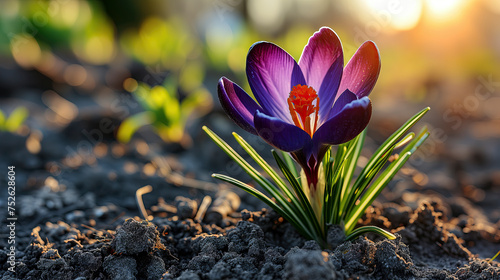 A purple crocus flower is growing out of the soil