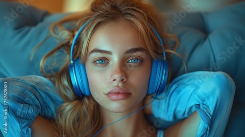 Closeup of woman listening music in headphone, lying on the sofa. American girl relaxing at home.